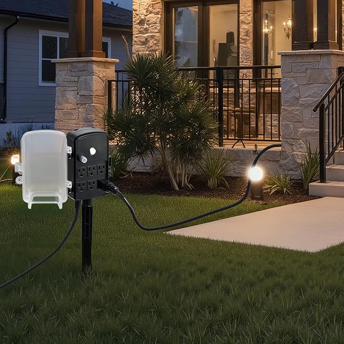 VEVOR Outdoor Power Stake, 15 FT Extension Cord, Outdoor Power Strip Weatherproof with Cover and Overload Protection, 6 Outlets, 15A/1875W, Waterproof Multi-Outlet Yard Stake for Christmas Lights