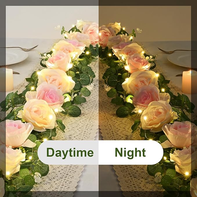Dolicer 2Pcs 13Ft Artificial Eucalyptus Garlands with Flowers - 8 Roses, Faux Floral Greenery Garlands with 13Ft String Lights Fake Flower Vines for Wedding Table Centerpieces Arch Party Decor (Pink)