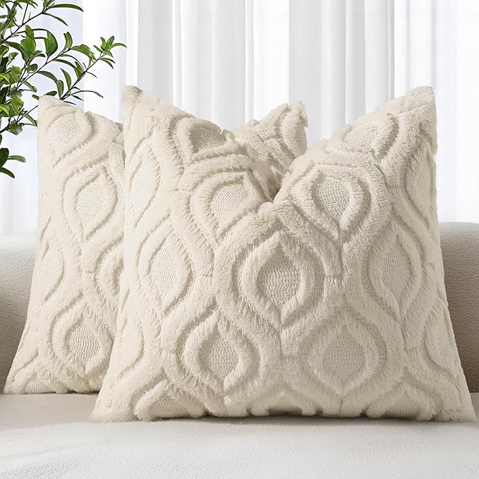 decorUhome Throw Pillow Covers 22x22 Inch Set of 2, Soft Plush Faux Wool Beige Solid Couch Pillow Covers, Accent Farmhouse Neutral Square Pillow Cases for Sofa Bed Living Room