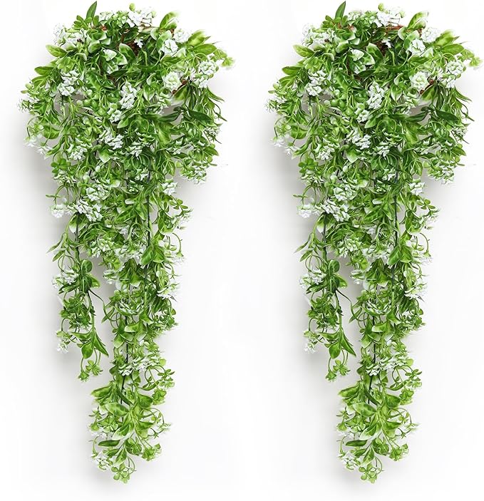 RECUTMS 2Pcs Fake Hanging Plants Artificial Hanging Flowers for Outdoor Decoration Faux White Flowers Artificial UV Resistant Plastic Greenery Vines Ivy for Outdoor Indoor Garden Party Decor（White）