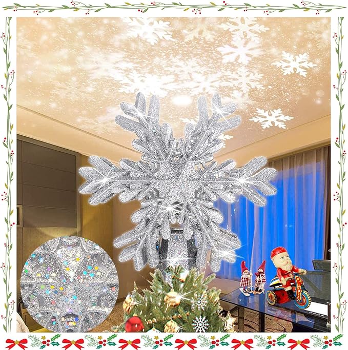 Christmas Tree Topper with 3D Snowfake Projector,fohuas LED Rotating Snowflake Xmas Festival Ornament Light Lamp,Glitter Sparkling Hollow Lighted Silver White Snow Tree-top Decoration