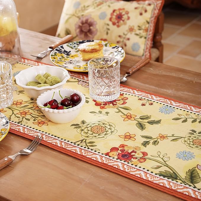 Rectangle Yellow and Orange Table Runner 71 Inches Long,Vintage Rustic Farmhouse Linen Floral Table Runners,Fall Decorations for Home Thanksgiving Christmas Party.12*71"-Bellano