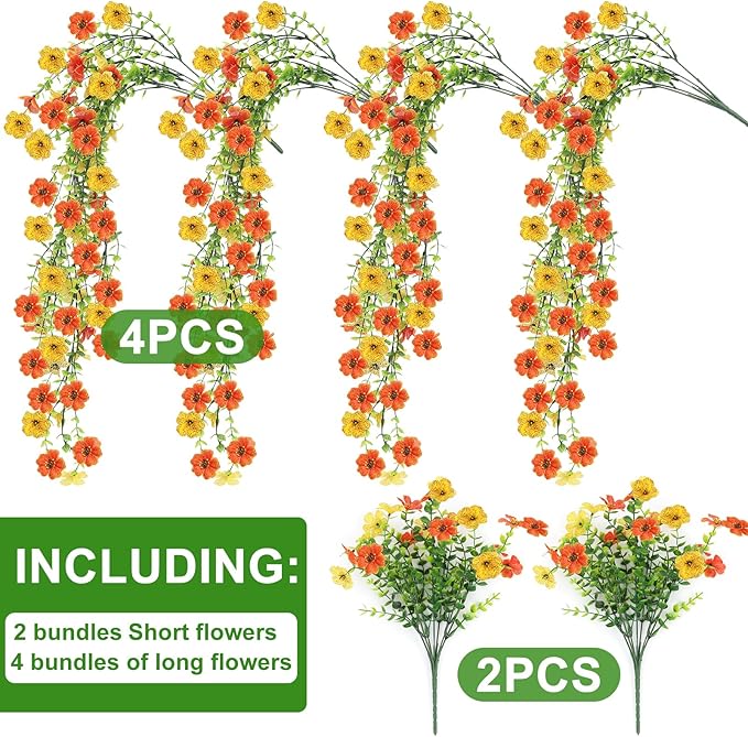 Artificial Flowers for Outdoors 6PCS，All Weather Fade Proof, UV Resistant Waterproof Realistic Faux Silk Mums Daisies Yellow & Orange for Hanging Planters Porch Patio Balcony Deck Fence Garden Decor