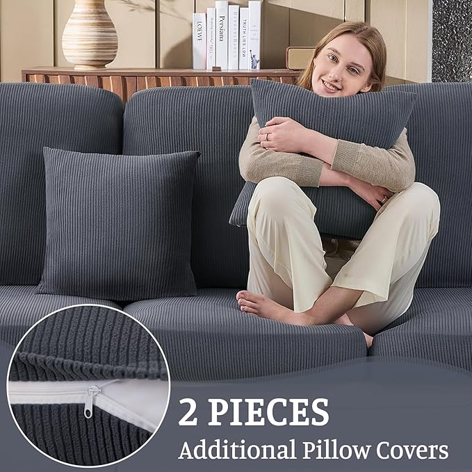 Sectional Couch Covers for Sofa Cushion L Shaped Couch Cover Washable Soft Couch Cushion Covers Stretch Sofa Slipcovers with 2 Pcs Pillowcases(4-Piece 3 Seater + 1 Chaise, Dark Grey)