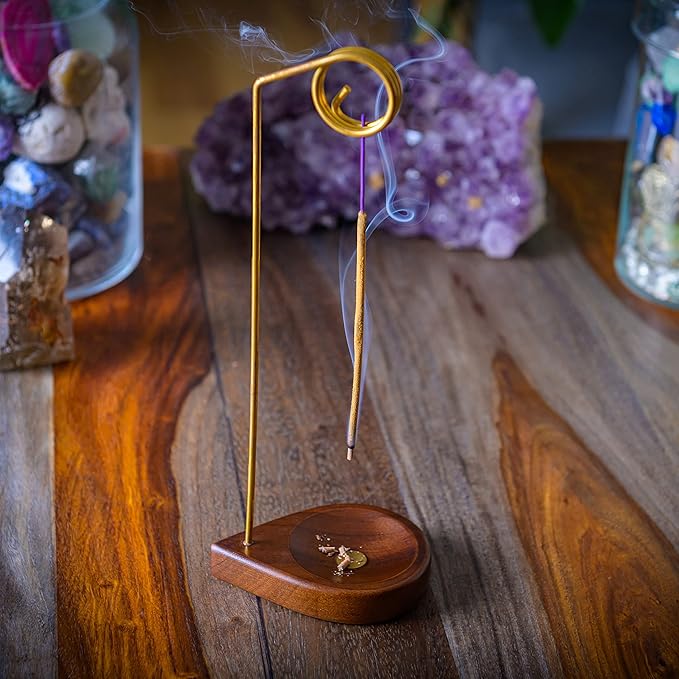 Curawood Incense Holder for Sticks - 11.4" Tall Reverse Style Incense Burner Holder with Mess Free Ash Catcher Tray - Modern & Minimalist Design Incense Sticks Holder with Brass & Walnut Wood Elements