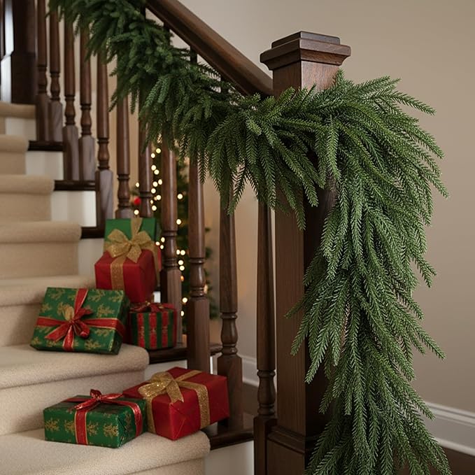 Worth Garden 2PCS 70in UV-Resistant Artificial Norfolk Pine Garlands, 6ft Green PVC Holiday Christmas Garland with Hidden Stem, Indoor Outdoor Rustic Mantel Staircase Porch Décor