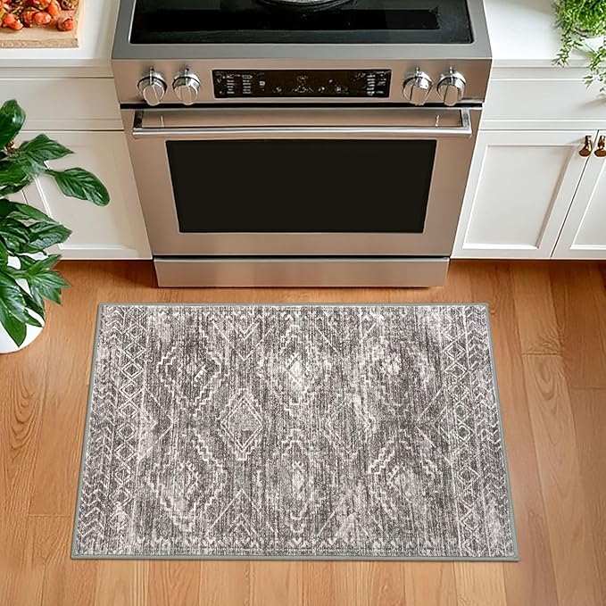 KILOCOCO Boho Entryway Rug 2x3 Printed Small Area Rugs Indoor Door Mat Machine Washable Kitchen Rugs Super Soft Non Slip Throw Rug for Bedroom Entrance Geometric Laundry Room, Taupe