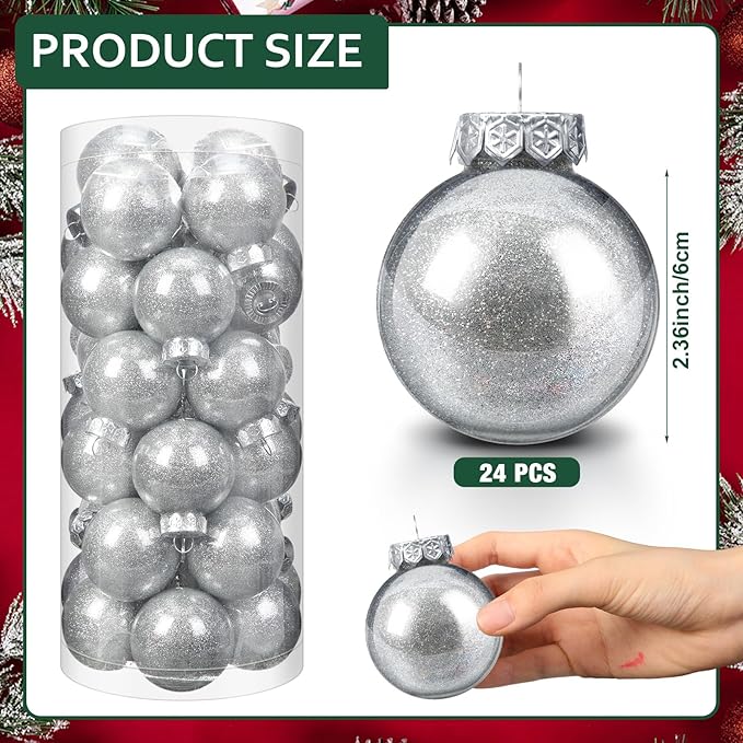 Soaoo 24 Pcs Christmas Ball Ornament 2.36 Inch Shatterproof Glitter Ball for Christmas Tree Decoration Small Hanging Xmas Tree Ornament for Xmas Holiday Wedding Party(Silver)