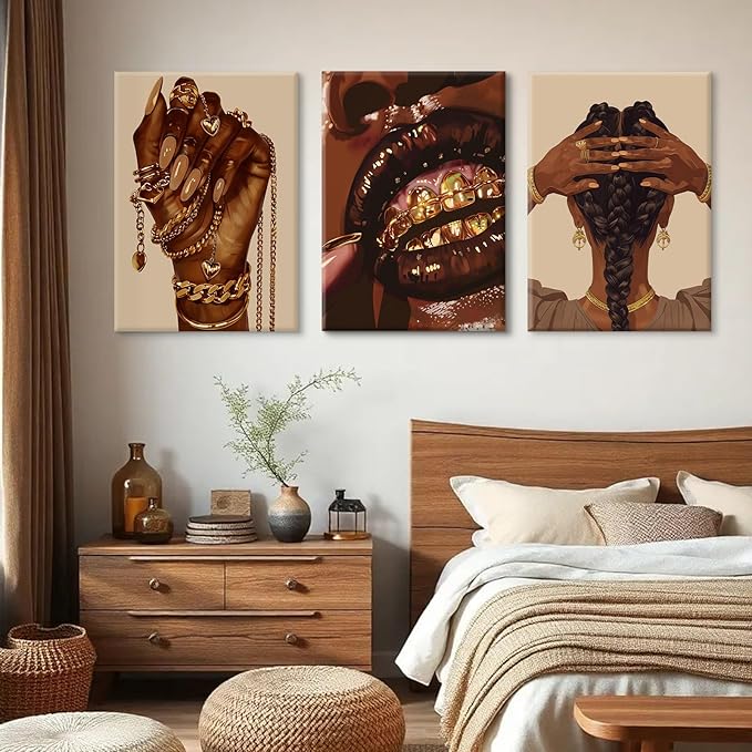 Pouydmi Black Girl Wall Art African Woman Canvas Wall Decor Black Women People Art Painting Gold Fashion Poster African American Girl Pictures for Bedroom Living Room 16x24x3 Inch Ready to Hang