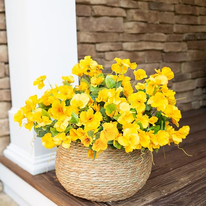 Hibiscus Artificial Flowers Plants for Outdoors Decoration, 6 Bundles Silk Hibiscus Tropical Flowers Artificial Realistic UV Resistant Fake Flower for Outside Planter Porch Patio Balcony, Yellow