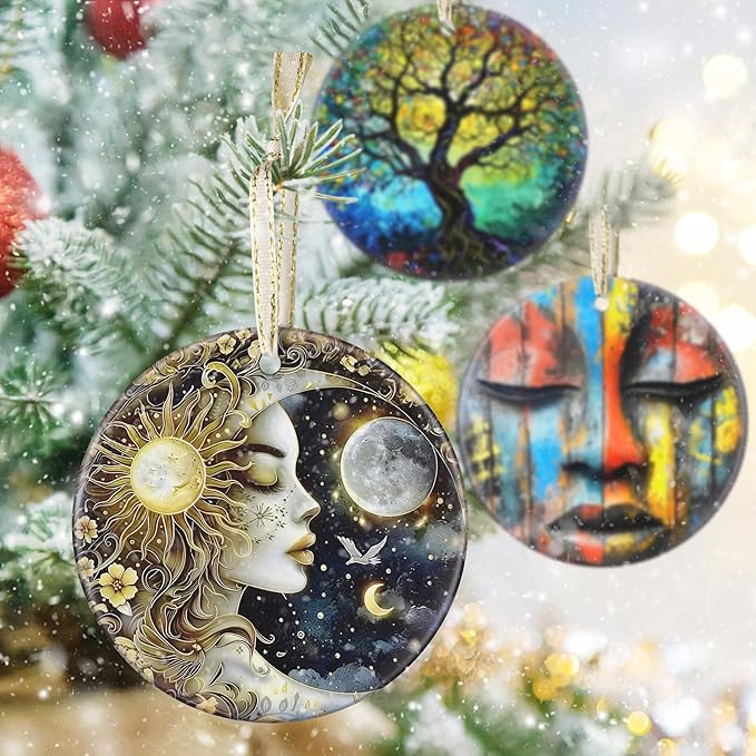3.5" Ceramic Christmas Ornaments, Christmas Tree Ornaments, Heirloom Keepsake, Gift Exchange, Gift Idea, Bauble Present - Sun and Moon