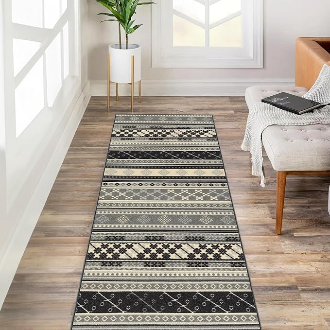 Custom Size Grey Bohemian Kilim Rubber Backed Non-Slip Hallway Stair Runner Rug Carpet 22 inch Wide Choose Your Length 22in X 19ft
