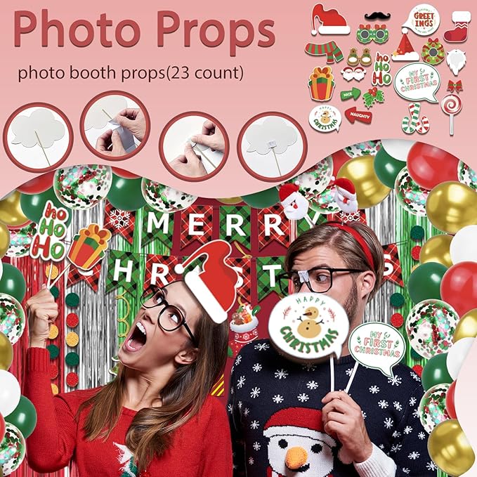 131 Pcs Christmas Decorations Indoor, Christmas Party Supplies - "MERRY CHRISTMAS" Banner, Photo Prop, Balloon Party Kit, Hanging Swirl, Fringe Curtain