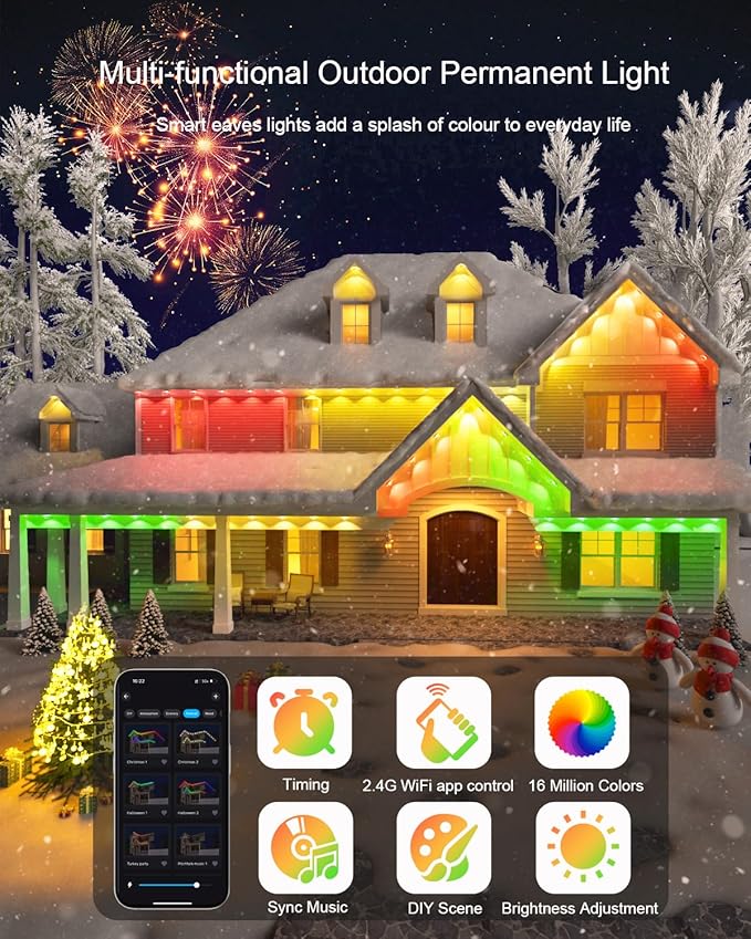 Permanent Outdoor Lights - 100FT Smart AI RGB+IC LED with 72 Lights, IP67 Waterproof, 75+ Scene Modes, Alexa/Google/Remote Control Enabled, DIY Music Sync for Christmas, Holiday & Home Decor, White