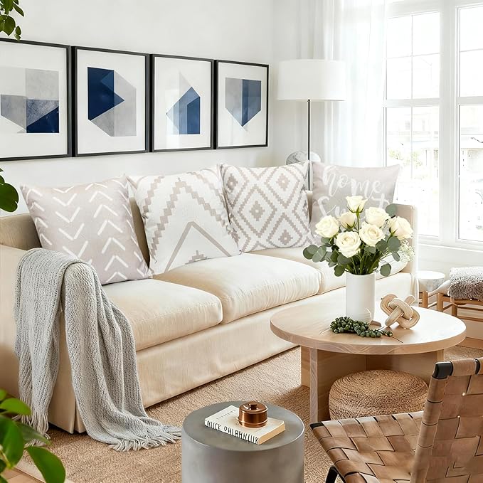 Decorative Throw Pillow Covers 20x20 inch Set of 4 Light Khaki Pillow Covers for Couch Sofa Living Room,Farmhouse Outdoor Throw Pillow Cover,Modern Geometric Linen Square Throw Pillow Cases