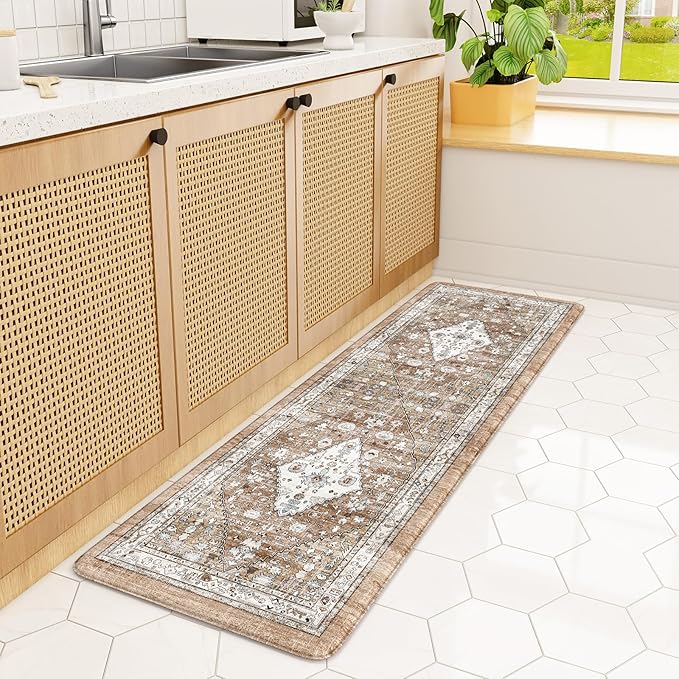 Collive Farmhouse Kitchen Mats, Cushioned Anti Fatigue Mats for Floor, Non Skid Waterproof Kitchen Rugs Cream/Brown Farmhouse Standing Desk Mat for Kitchen Sink, Laundry, Office-17.3" x 59"
