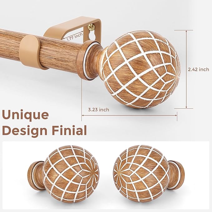 Wood Curtain Rods for Windows 66 to 120 Inch, 1 Inch Diameter Adjustable Heavy Duty Wooden Curtain Rod with Unique Faux Wood cobweb Finials, Boho Vintage Decorative Drapery Rod for Farmhouse