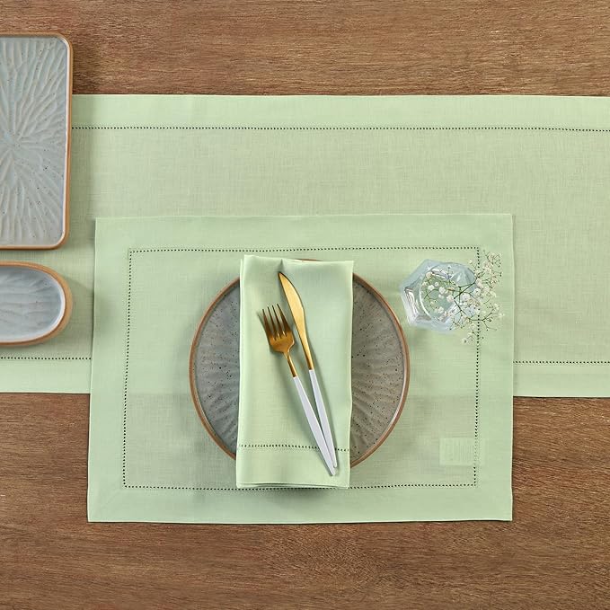 Solino Home Linen Table Runner 90 Inches Long - 100% Pure Linen Light Green Table Runner 14 x 90 Inch for Spring, St Patricks Day, Easter - Classic Hemstitch