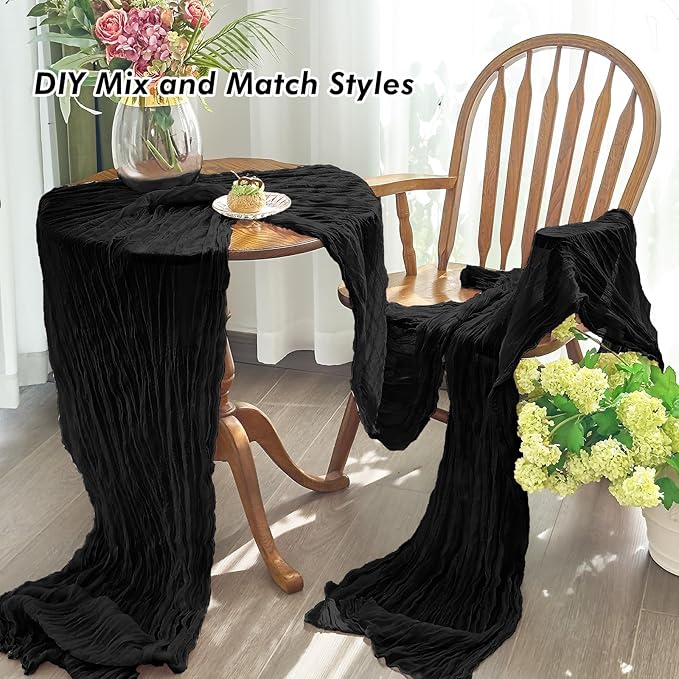 IVAPUPU 10 Pcs Cheesecloth Halloween Table Runner - 10ft Black Boho Gauze Black Cheese Cloth Table Runners for Halloween Decor Indoor Baby Shower Decoration Wedding Party Summer Garden Farmhouse