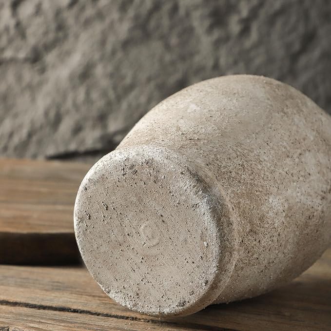Handmade Rustic-Style Ceramic Decorative vase, Dimensions 8.3 x 5.5 inches, Featuring Distressed Gray and Terracotta hues, Suitable for Rustic, Country, and Various Decor Styles.