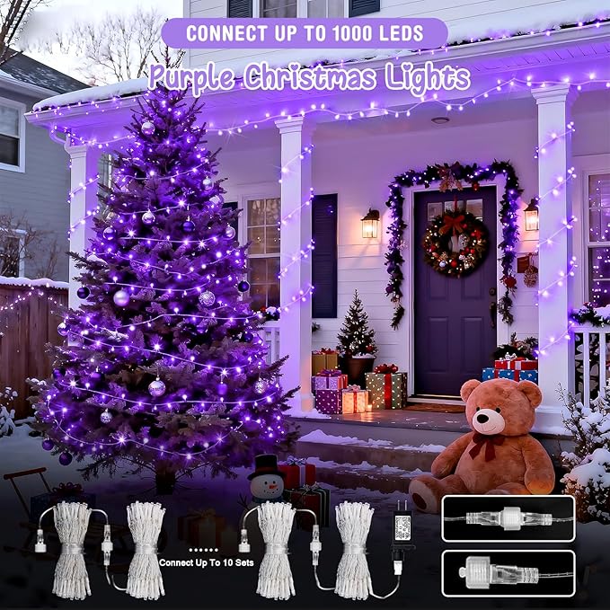 JMEXSUSS 2 Pack 100 LED Purple Christmas Lights Indoor, 33ft Clear Wire Purple String Lights Outdoor Waterproof, 8 Modes Connectable Christmas Tree Lights for Xmas Tree Yard Bedroom Porch Decorations