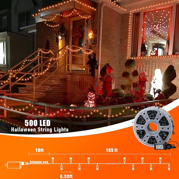 QITONG 165ft 500 LED Orange Christmas Lights, Christmas String Lights Outdoor Waterproof with 8 Modes, Green Wire Orange String Light Plug in Indoor with Timer Memory