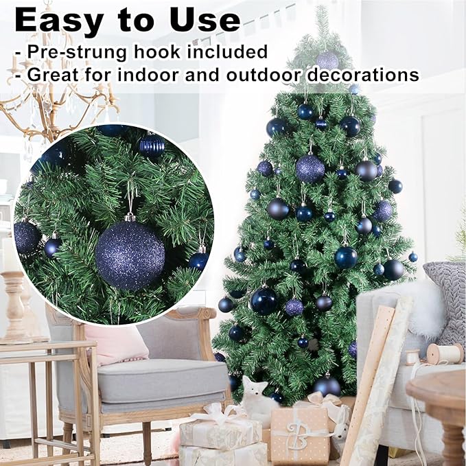 4Pcs Christmas Balls Ornaments for Xmas Tree - Shatterproof Christmas Tree Decorations Medium Hanging Ball Navy Blue 4.0in x 4 Pack