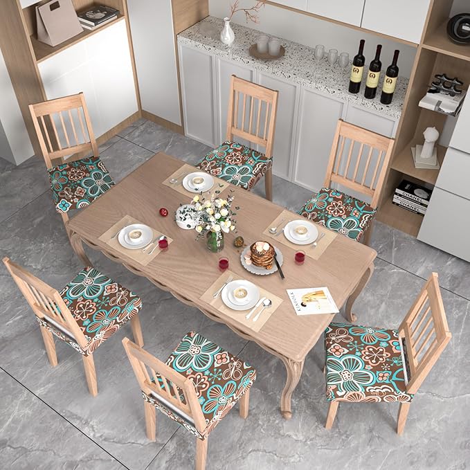 Stretch Dining Chair Seat Covers Set of 4,Dining Chair Slipcovers, Floral Printed Chair Covers,Soft Fabric Washable Upholstered Chair Seat Protector, No Rear Covers for Home Kitchen Dining Room