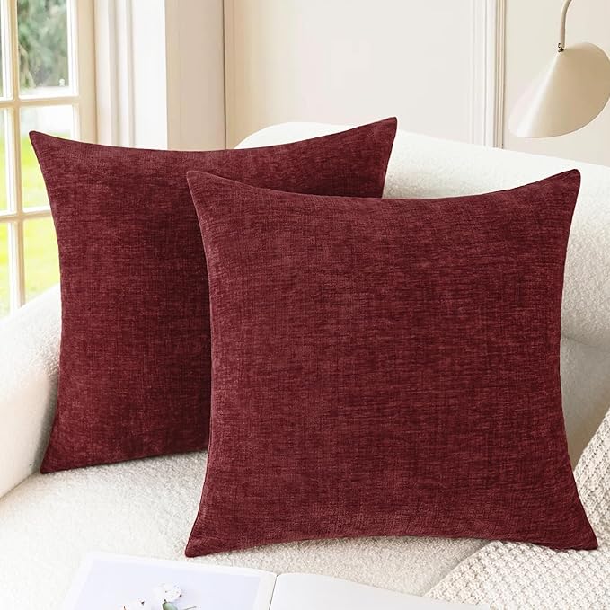 CaliTime Christmas Throw Pillow Covers Decorative 24 X 24 Inches Pack of 2 Cozy Chenille Cushion Cases for Couch Sofa Bed Living Room Home Burgundy