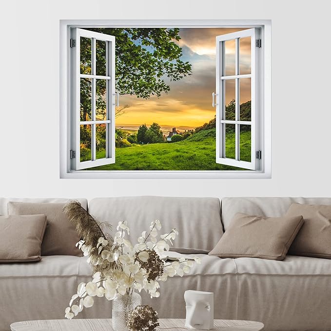 SIGNWIN Removable Wall Sticker/Wall Mural Window View Sunset Sky Countryside Field Nature Wilderness Photography Realism Decorative Landscape Digital Art for Living Room, Bedroom, Office - 24"x32"