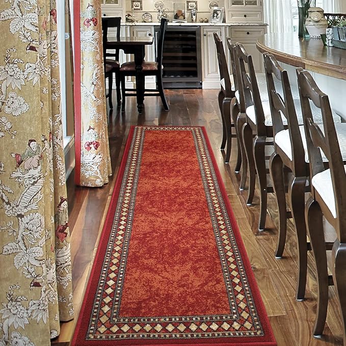 Antep Rugs Alfombras Modern Bordered 2x7 Non-Skid (Non-Slip) Low Profile Pile Rubber Backing Indoor Area Runner Rugs (Maroon Beige, 2' x 7')