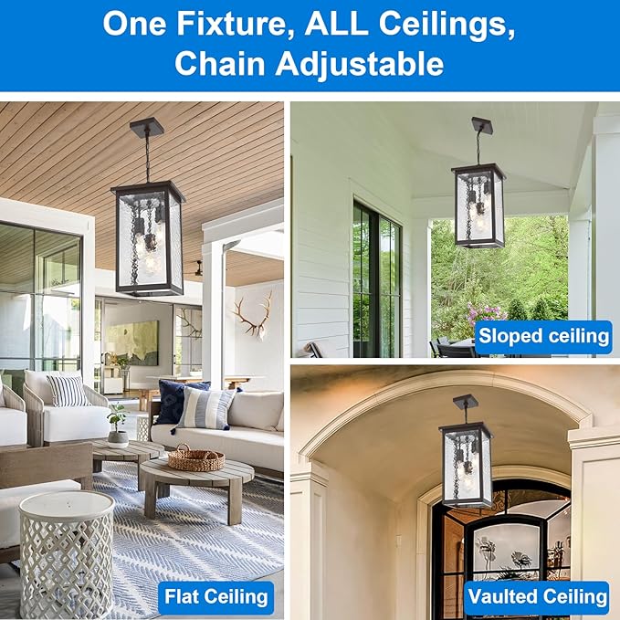 17'' Large Outdoor Indoor Pendant Light 3-Lights, Modern Black and Brushed Brass Exterior Hanging Porch Pendant Light with Hammer Glass, Outdoor Ceiling Lights for Front Entryway Gazebo Patio