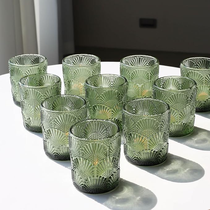 Woho Green Votive Candle Holders Set of 12, Green Glass Tealight Candle Holder for Wedding Party Table Centerpiece, Tea Lights Candle Holder Vintage for Fall Thanksgiving Christmas Decor