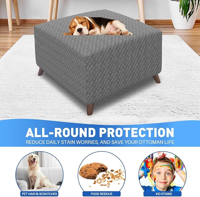 MAXIJIN Jacquard Ottoman Cover Slipcovers Folding Storage Stool Furniture Protector Cover Soft Thick Rectangle Foot Rest Slipcover with Elastic Bottom (Ottoman Small, Light Gray)