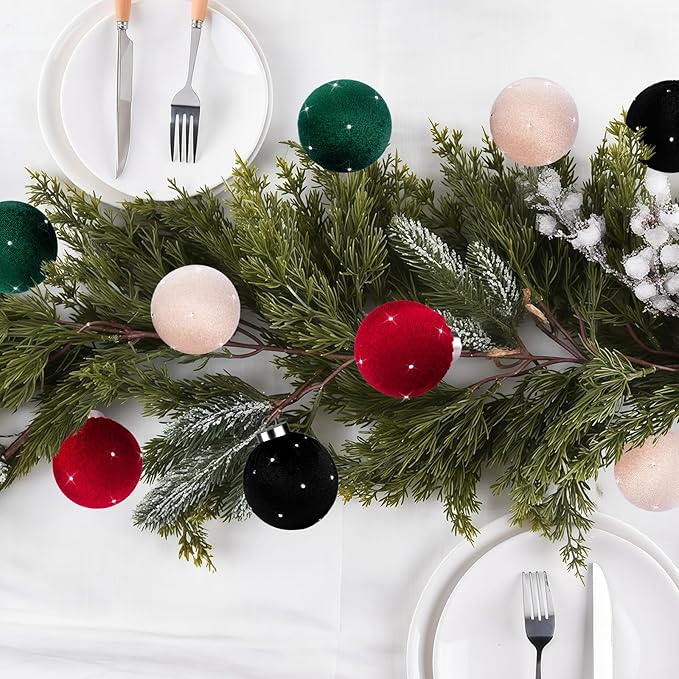 TonJin Christmas Tree Ornaments Velvet Balls 12 Pack, 2.36"/60mm Glitter Shatterproof Hanging Flocked Xmas Bulbs Decorations, Lightweight, 4 Colors Red Black Sage Green Beige,Holiday Party Home Decor