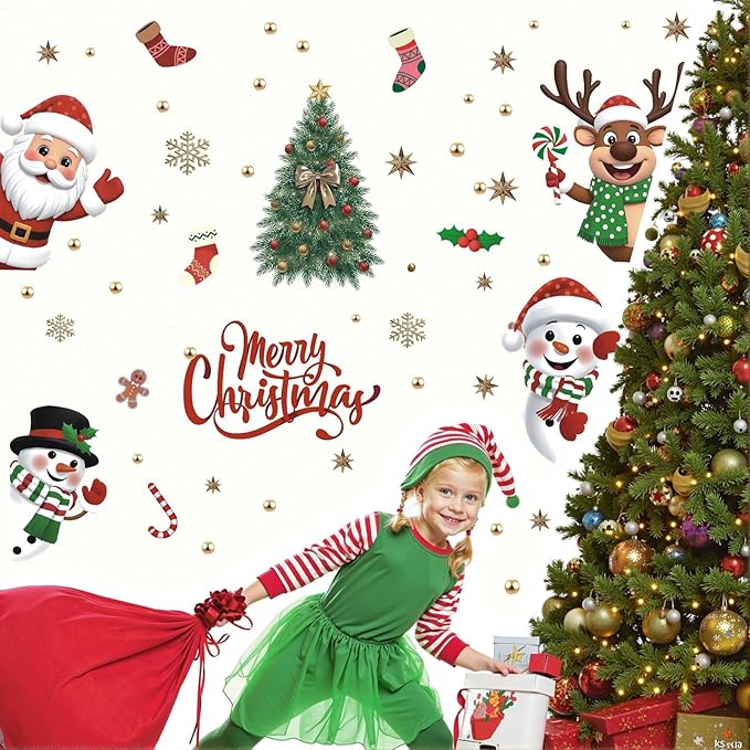 Merry Christmas Luminous Window Clings,Winter Snowflake Luminous Stickers,Xmas Wall Decals,Santa Snowman Reindeer Christmas Tree Stickers,Red Green Xmas Window Clings for Home Room School