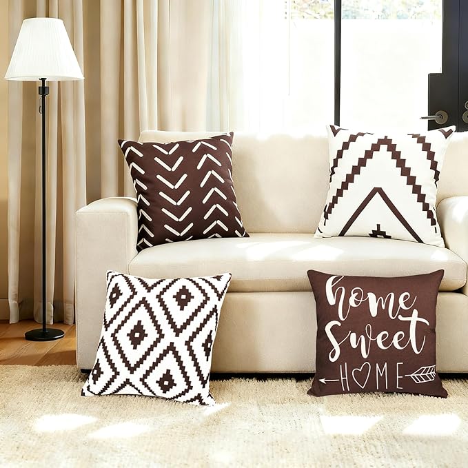 Decorative Throw Pillow Covers 18x18 inch Set of 4 Brown Pillow Covers for Couch Sofa Bed Living Room,Farmhouse Outdoor Throw Pillow Cover,Modern Geometric Linen Square Throw Pillow Cases