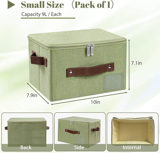 ANMINY Storage Bins with Zipper Lid Storage Boxes with Label Holder PU Leather Handles Washable Foldable Decorative Lidded Cotton Linen Fabric Cubes Baskets Closet Organizer - Green, Small