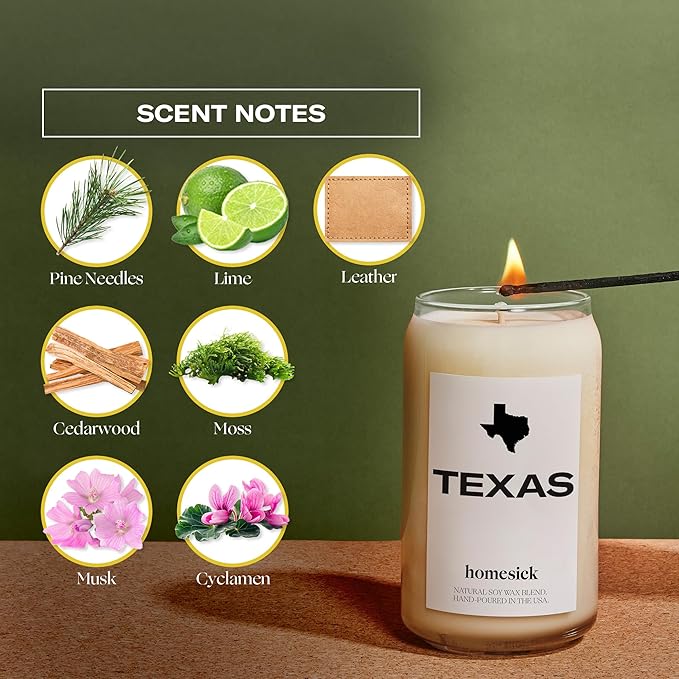 Homesick Scented Candles for Home (Texas) - 13.75 oz Long-Lasting Soy Wax Jar Candle for Women & Men for All Occasions, 60-80 Hours Burn Time - Notes of Pine Needles & Lime