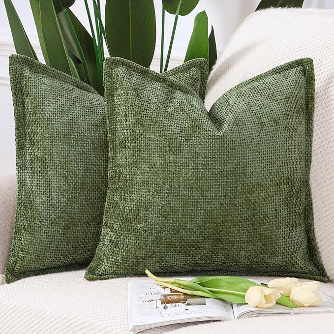MADIZZ Chenille Velvet Throw Pillow Covers with Flange Set of 2 Super Soft Boho Textured Pillow Covers Decorative Throw Pillowcases Modern Farmhouse Home Decor for Sofa Bedroom Moss Green 18x18 Inch