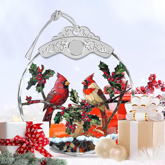 Christmas Ornaments - Cardinal Birds Stained Glass Ornament - Xmas Decor - Ornaments for Christmas Tree - Holiday Presents - Gift Exchange Ideas - Car Hanging Decoration - Wine Bottle Decor