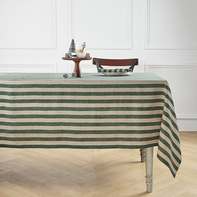 Solino Home Linen Tablecloth 60 x 90 Inch - Sorrento Stripe 100% Pure Linen Hunter Green and Natural Table Cloth for Rectangle Tables - Machine Washable Tablecloth for Winter, St Patricks Day, Easter