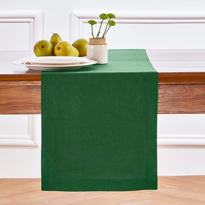 Solino Home Linen Table Runner 48 Inches - 100% Pure Linen Pine Green Table Runner 14 x 48 Inch Ideal for Dresser and Coffee Tables - St Patricks Day - Fete