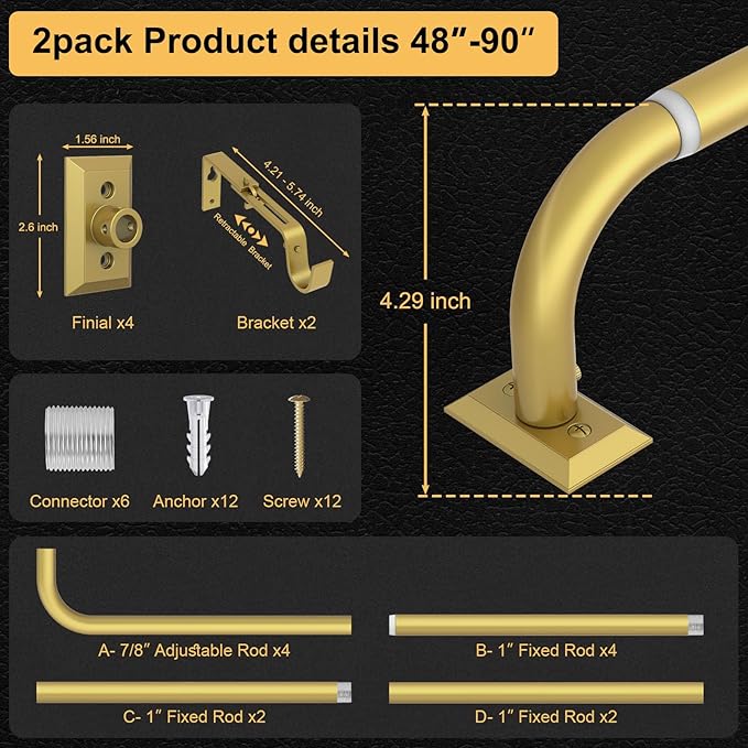 Gold Curtain Rods 2 Pack, Heavy Duty Wrap Around Curtain Rod for Windows 48 to 84 Inch, Adjustable Decorative Blackout Drapery Pole, Modern Room Darkening Rod for Blackout Curtains, Brass