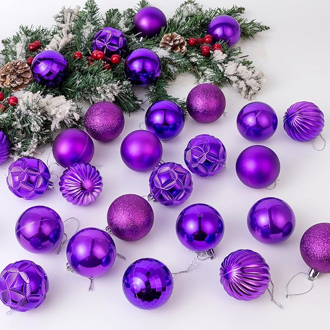 AMS 2.36''/60mm 34ct Christmas Ball Large Ornaments Party Decorations Shatterproof Festival Pendant Hangings for Xmas Tree Decor (60mm, Purple)
