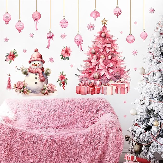 Large Pink Christmas Tree Wall Stickers Christmas Wall Decals Peel and Stick Snowman Stickers for Christmas Home Decor Indoor Hanging Ball Snowflake Art Murals for Living Room Xmas Party Supplies