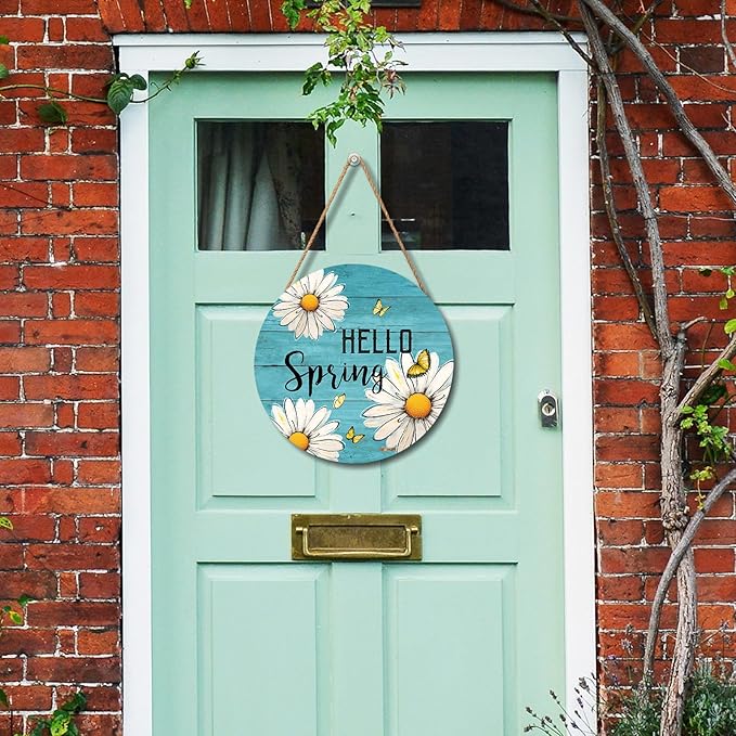 Spring Daisy Flower Sign for Front Door Hello Spring Wall Hanging Sign 12”x12” Welcome Butterfly Wood Door Hanger Farmhouse Rustic Blue Daisy Floral Wreath Sign for Home Outdoor Outside Porch Decor