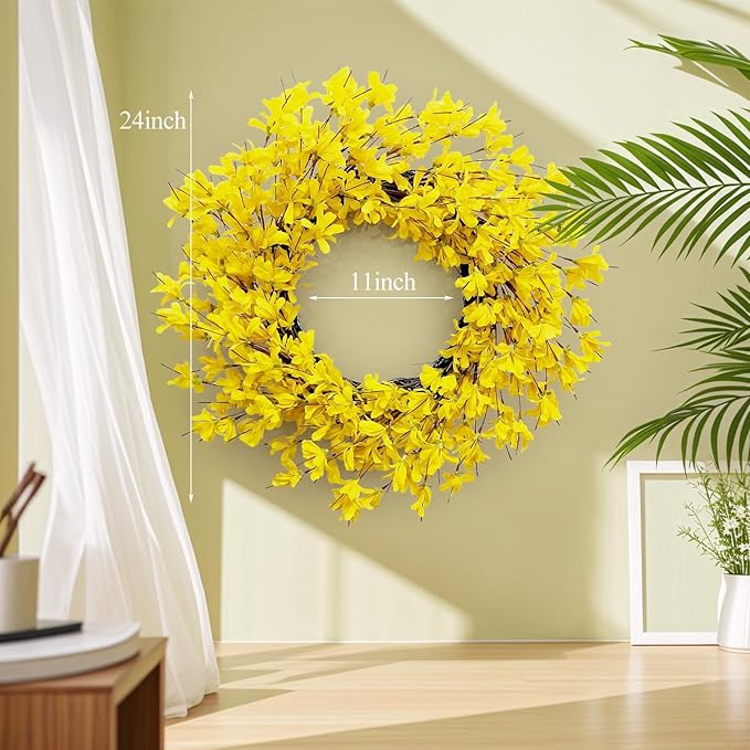 Huashen Spring Wreaths for Front Door, 24 Inch Yellow Forsythia Spring Door Wreath, Farmhouse Spring Door Wreaths on Grapevine for Celebration Wall Window Decoration Hanging