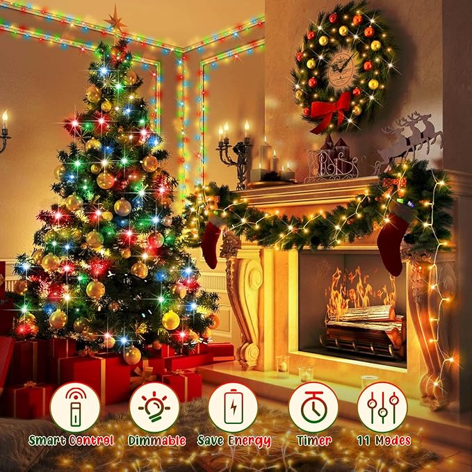 Hezbjiti 108 FT 300 LED Color Changing Christmas Lights Outdoor, 11 Modes String Lights IP44 Waterproof Fairy Lights for Party Tree Yard Porch Wedding (Warm White to Multicolor, Green Wire)