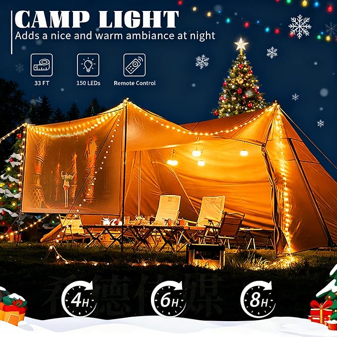 Solar Camping Lights 130LEDs,33 FT Fairy Lightswith 13 Lighting,Portable Waterproof 4 in1 Camping Lantern,Retractable Christmas Twinkle Lights Design & Hooks for Outdoor Garden Party Essentials